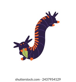 Adorable dark butterfly larva with cute antennas. Caterpillar with happy facial expression. Amusing centipede, moth larvae character. Little worm, insect. Flat isolated vector illustration on white