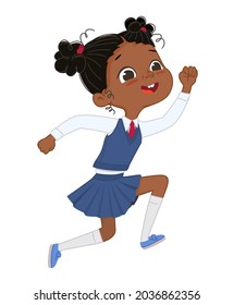 Adorable dark skin funny schoolgirl in uniform running jumping rejoicing vacation break vector flat illustration. Happy Asian African baby girl elementary school pupil having positive emotion isolated