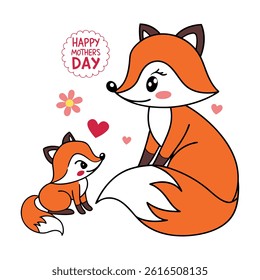 Adorable Mother’s Day card featuring a baby and mom fox in cartoon style. Perfect for celebrating love and motherhood with this cute animal vector illustration.