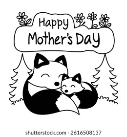 Adorable Mother’s Day card featuring a baby and mom fox in cartoon style. Perfect for celebrating love and motherhood with this cute animal vector illustration.