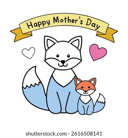 Adorable Mother’s Day card featuring a baby and mom fox in cartoon style. Perfect for celebrating love and motherhood with this cute animal vector illustration.
