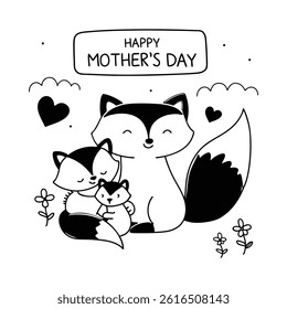 Adorable Mother’s Day card featuring a baby and mom fox in cartoon style. Perfect for celebrating love and motherhood with this cute animal vector illustration.