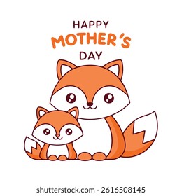 Adorable Mother’s Day card featuring a baby and mom fox in cartoon style. Perfect for celebrating love and motherhood with this cute animal vector illustration.