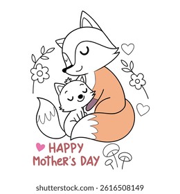 Adorable Mother’s Day card featuring a baby and mom fox in cartoon style. Perfect for celebrating love and motherhood with this cute animal vector illustration.