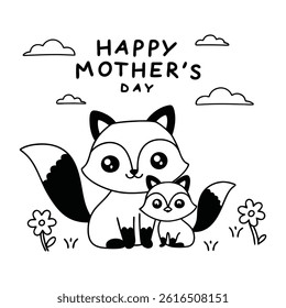 Adorable Mother’s Day card featuring a baby and mom fox in cartoon style. Perfect for celebrating love and motherhood with this cute animal vector illustration.