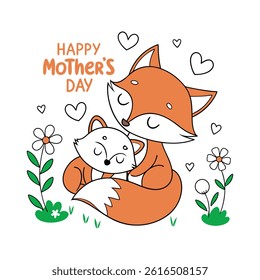 Adorable Mother’s Day card featuring a baby and mom fox in cartoon style. Perfect for celebrating love and motherhood with this cute animal vector illustration.