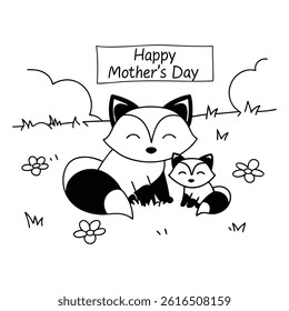 Adorable Mother’s Day card featuring a baby and mom fox in cartoon style. Perfect for celebrating love and motherhood with this cute animal vector illustration.