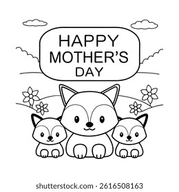 Adorable Mother’s Day card featuring a baby and mom fox in cartoon style. Perfect for celebrating love and motherhood with this cute animal vector illustration.