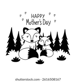 Adorable Mother’s Day card featuring a baby and mom fox in cartoon style. Perfect for celebrating love and motherhood with this cute animal vector illustration.