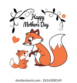 Adorable Mother’s Day card featuring a baby and mom fox in cartoon style. Perfect for celebrating love and motherhood with this cute animal vector illustration.