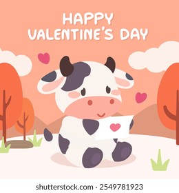 Uma adorável ilustração do Dia dos Namorados com uma doce vaca de desenho animado segurando um cartão de amor em um cenário rural com tons pastéis e corações.