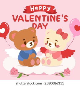 An adorable Valentine’s Day illustration featuring two adorable teddy bears dressed as angels, sitting on a fluffy cloud with heart balloons and romantic details. 