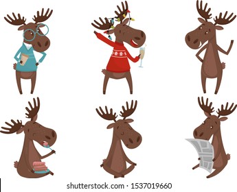 Adorable Deer Cartoon Character Engaged In Different Activities Vector Set