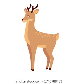 Adorable deer character. Cute forest animal isolated on white background. Flat cartoon vector illustration. Nursery room decoration element or card design element. 