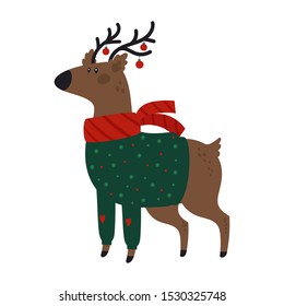Adorable deer in green sweater isolated on white background. Cute funny cartoon forest animal. Merry Christmas holiday festive Illustration in flat cartoon style for greeting card, poster, print.