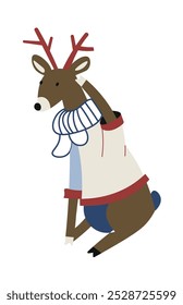 Adorable deer illustration in a cozy sweater and scarf, sitting isolated on a white background. Perfect for winter and holiday-themed designs.