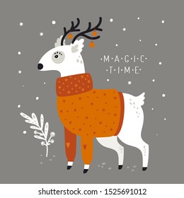 Adorable deer in sweater isolated on background with snowflakes. Cute funny cartoon forest animal. Merry Christmas holiday festive Illustration in flat cartoon style for greeting card, poster, print.