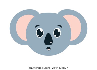 Adorable delighted koala face, round ears. Playful, comical Australian marsupial animal showing admiration. Gray head. Cartoon for icons, stickers, emoji, children books. Isolated. Vector illustration