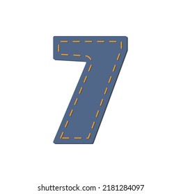 Adorable denim number 7. Design element, stitched with orange threads. Vector illustration.