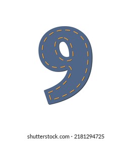 Adorable denim number 9. Design element, stitched with orange threads. Vector illustration.