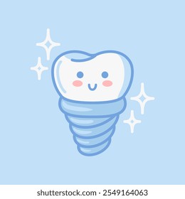 Adorable dental implant character designed in kawaii style. This vector illustration features a flat design, perfect for stickers, books, or as a design element. Ideal for medical brochure templates.