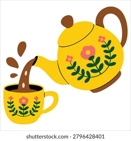 Adorable depiction of pouring tea from red polka dots teapot into a