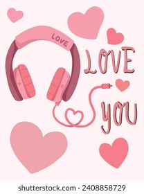 Adorable design features a pink headphone entwined with the heartfelt message "Love You". A cute design perfect for creating charming shirts ,valentine card, 