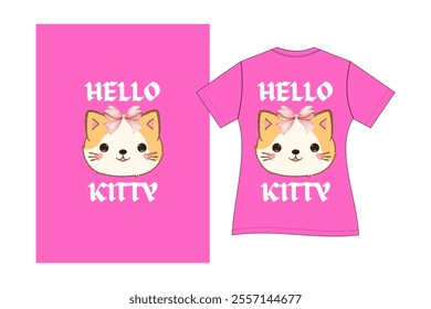 Adorable design featuring a kawaii-style cat face with a pink bow, playful whiskers, and charming 'Hello Kitty' text in bold white lettering on a vibrant pink background. Ideal for kids' apparel, acce