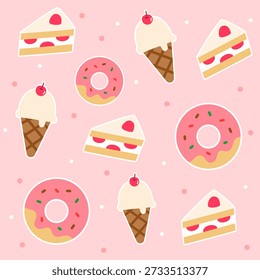 Padrão de ícone de sobremesa adorável com sorvete, bolo de morango e donut vitrificado com morango em um fundo rosa pastel. Ótimo para gráficos de mídia social, embalagens, artigos de papelaria e ilustrações de comida encantadoras.