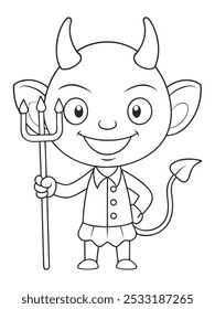 Adorable devil character with a trident, perfect for Halloween coloring activities for children