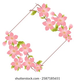 Adorable diamond vector frame with blooming sakura branches. Flat style illustration