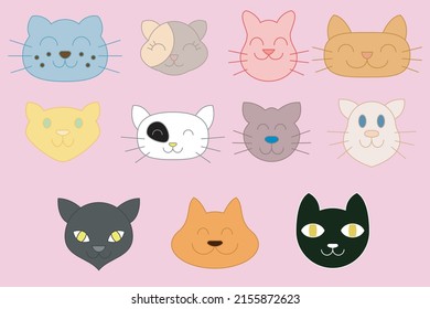 Adorable differents cats faces, differents expressions and colors, color and line stroke editable, vector design, adorable and kawaii style