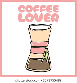 Ilustração digital adorável de um fabricante de café Chemex com cores pastel, papel de filtro e uma fita elegante, perfeito para os amantes do café, Vetor