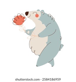 Adorable digital illustration of a happy bear holding a flower, drawn in a whimsical, minimalist style with soft colors and playful lines. Cute Bear Holding a Flower Illustration