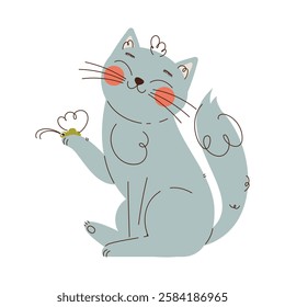 Adorable digital illustration of a happy cat with rosy cheeks, holding a butterfly on its paw, drawn in a whimsical, minimalist style. Cute Smiling Cat with Butterfly Illustration