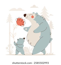 Adorable digital illustration of a mother bear and her cub in nature, with the cub offering a flower, drawn in a whimsical and minimalist style. Cute Bear and Cub Sharing a Flower Illustration