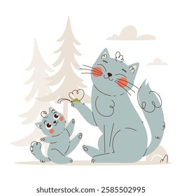 Adorable digital illustration of a mother cat and kitten enjoying nature, with a butterfly and trees in the background, drawn in a whimsical style. Cute Mother and Baby Cats in Nature Illustration