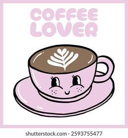 Adorable digital illustration of a pink coffee cup with a smiling face, featuring latte art and "Coffee Lover" text in pastel tones, Vector