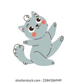 Adorable digital illustration of a playful cat with big eyes and rosy cheeks, drawn in a whimsical, minimalist style with soft colors. Cute Playful Cartoon Cat Illustration