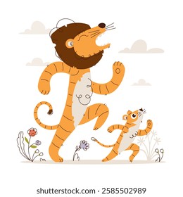 Adorable digital illustration of a roaring lion and its playful cub running together in nature, drawn in a whimsical and minimalist style. Cute Lion and Cub Running Together Illustration