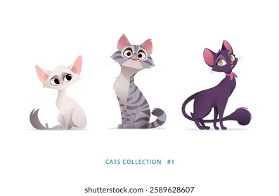 Adorable digital illustration of three cartoon cats. Fluffy white cat, Tabby, and sleek black cat with a bow. Perfect for childrens books, stickers, kids designs and pet lovers projects