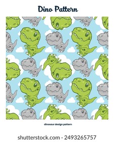 Adorable Dino Pattern with Green and Grey Dinosaurs on a Blue Cloudy Background