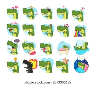 Adorable dinosaur cartoon character sticker set. Childish emoticons with cute comic tyrannosaurus rex, happy, angry, sad, Jurassic animal vector illustrations. Emotions, prehistoric animals concept