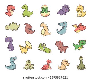 Adorable dinosaur character set featuring cute kawaii prehistoric reptiles in various poses and emotions, including hatching, flying, roaring, and resting in a charming jurassic world