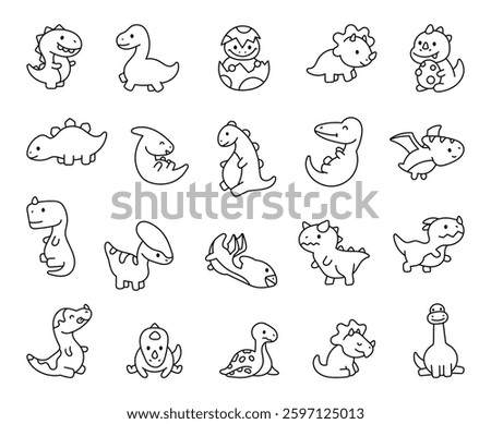 Adorable dinosaur character set featuring cute kawaii prehistoric reptiles in various poses and emotions, including hatching, flying, roaring, and resting in a charming jurassic world