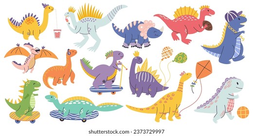 Adorable Dinosaur Characters, Playful, Colorful Children Designs, Featuring Friendly Vibrant Dinos In Various Poses, Playing with Ball, Skateboard and Kite, Drink Cocktail. Cartoon Vector Illustration