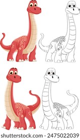 Adorable dinosaur in color and outline versions