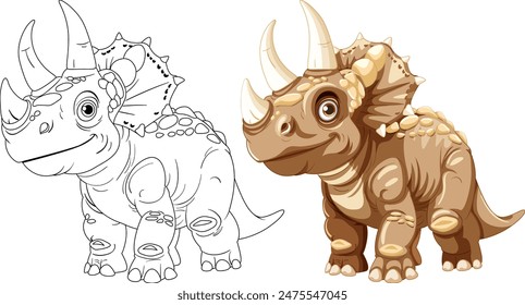 Adorable dinosaur in color and outline versions