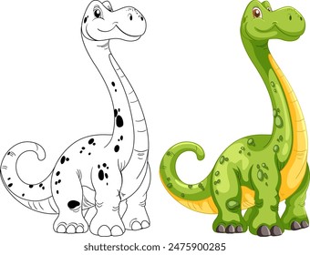 Adorable dinosaur in color and outline versions