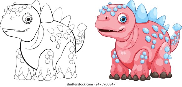Adorable dinosaur in color and outline versions